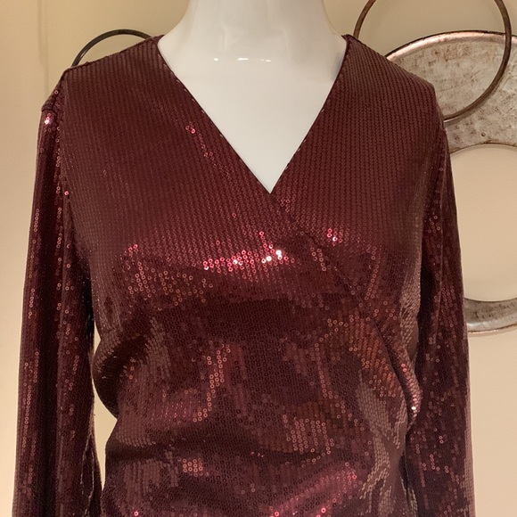 INC size small wine in color beaded wrap dress - Picture 2 of 7